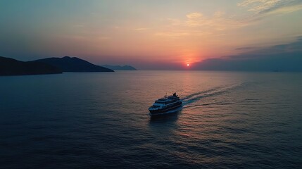 Naklejka premium Container ship glides through open sea, bathed in sunset glow, embodying tranquility and vast horizons. 