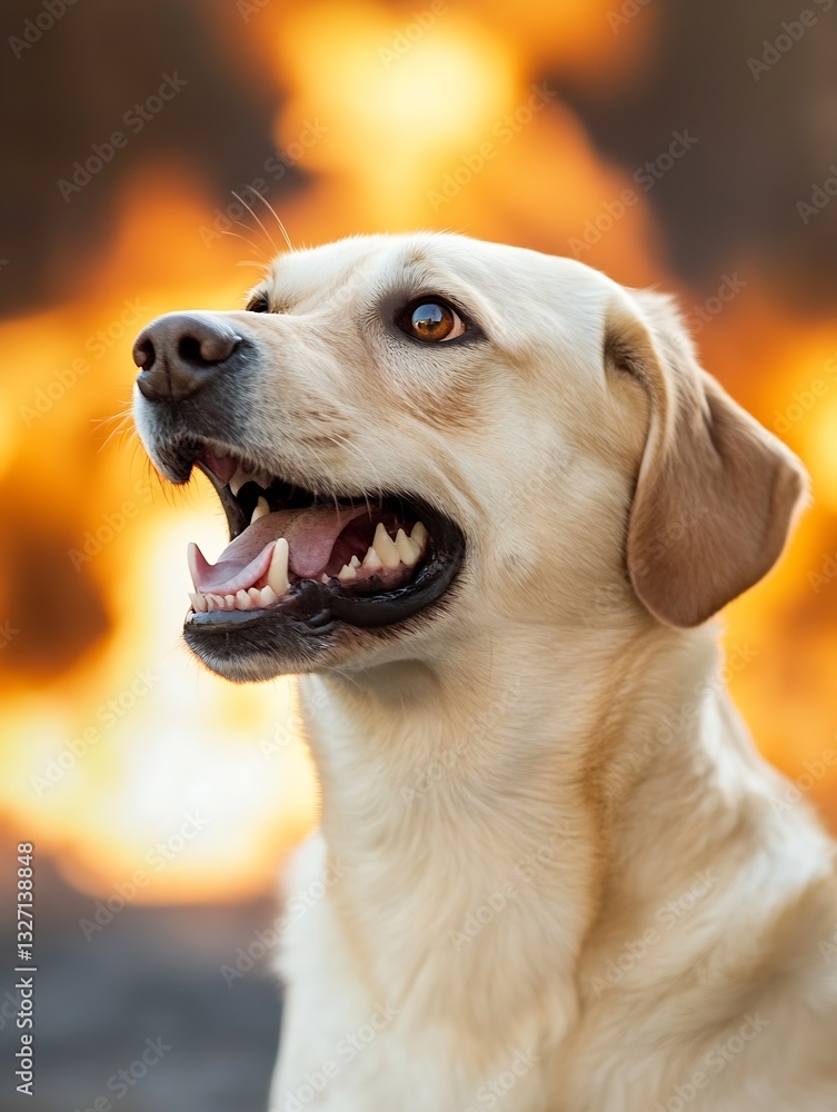 Poster Friendly dog with an open mouth showing teeth smiling in front of a warm glowing background of flames : Generative AI