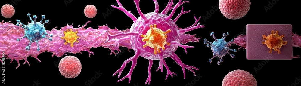 Poster cellular interaction and immune response visualization in vibrant colors.
