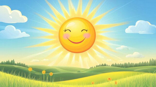 A smiling cartoon sun with rays shining brightly over a peaceful landscape.