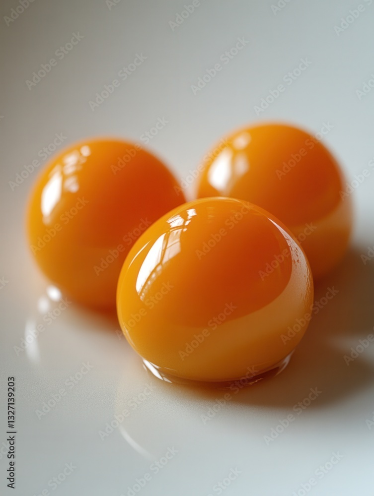 Poster three vibrant orange fruit spheres on a smooth white surface with soft light and shallow depth of fi