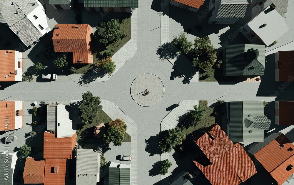 Poster high-angle view of a town square intersection with buildings, trees, and vehicles. the scene is rend