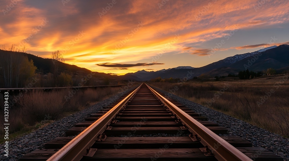 Poster vibrant sunset over railway tracks stretching into the mountains creating captivating scenery : gene