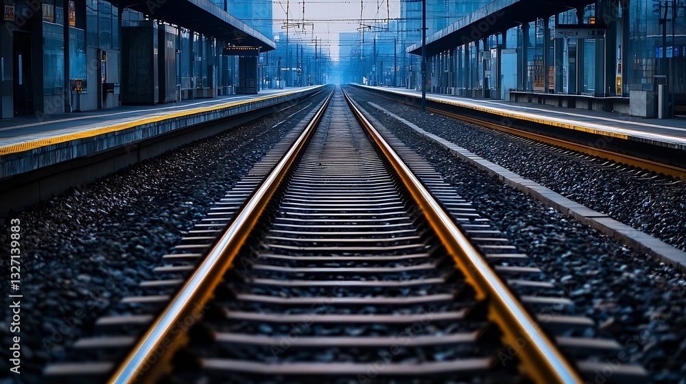 Poster Scenic view of empty railway tracks stretching into the distance under a twilight sky : Generative AI