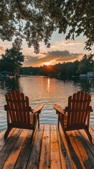 Naklejka premium Serene Sunset Over Lake with Adirondack Chairs on Dock Capturing Tranquility Relaxation and Nature's Beauty in Warm Light with a Low Angle Perspective