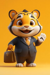 A cute cartoon tiger in a suit holding a bag