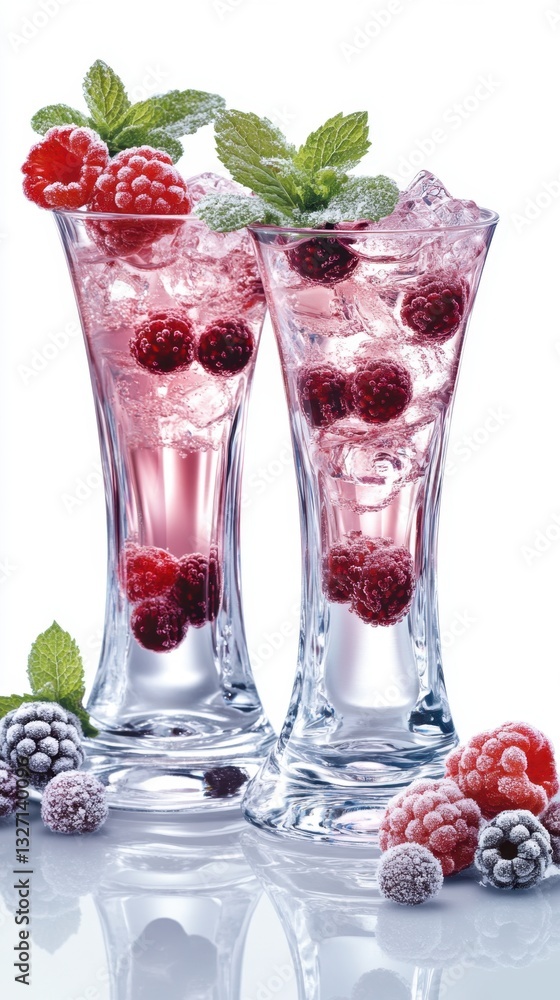 Poster refreshing raspberry cocktail with ice cubes and mint leaves in tall glasses on a reflective surface