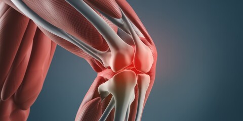 Human Knee Joint Anatomy:  Detailed 3D Model Showing Muscles, Bones, and Pain Point
