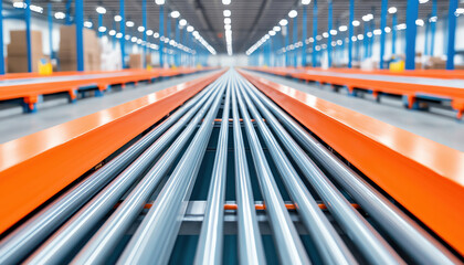 Fototapeta premium High speed conveyor system in modern warehouse environment