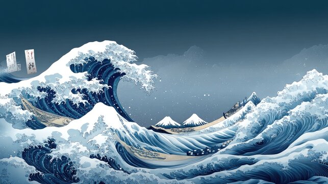 Dramatic ocean waves crashing against a distant mountain range.  Possible use stock photography for nature, travel, and art publications