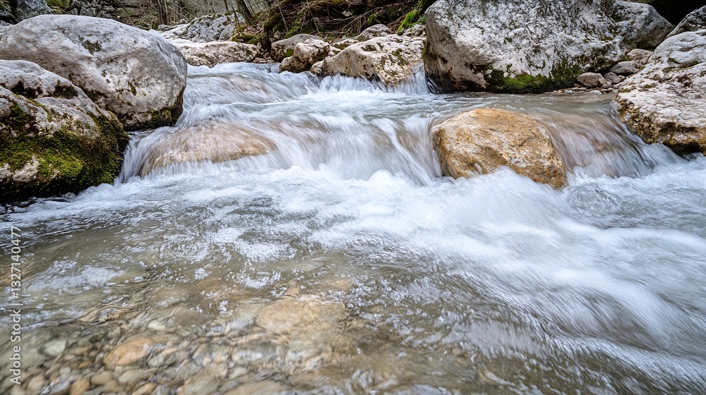 Poster Gentle Flowing Water Over Rocks Creating a Serene and Calm Stream Environment : Generative AI