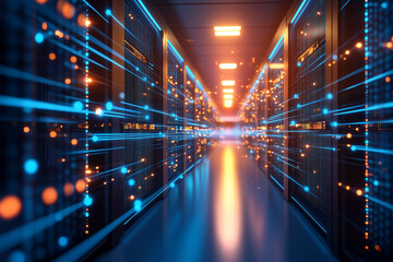 A futuristic digital network with glowing blue lines connecting nodes, symbolizing global communication with copy space. Cool neon lighting. High-tech cyber background. 