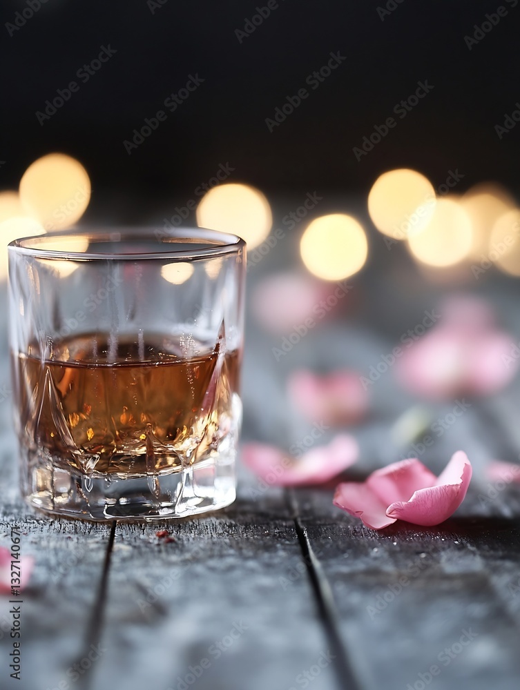 Poster elegant glass of whiskey surrounded by rose petals with soft glowing lights in the background : gene