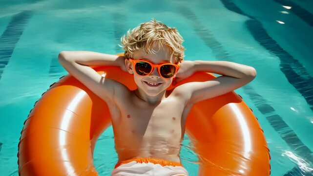 A cheerful boy relaxes in a colorful pool on a sunny day, wearing orange sunglasses and enjoying summer vibes while floating on an inflatable toy, soaking up sunshine and making joyful memories