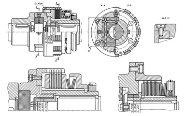 Scheme of machine part - coupling.
Engineering automotive mechanical drawing of steel 
device. Industrial design on paper sheet. 
Technology hand drawn schematic diagram 
of machined building industry