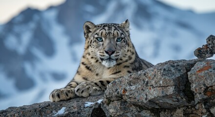 A powerful snow leopard with striking blue eyes poses on a rocky cliff with snowy mountains in the background. Perfect for themes of wildlife, strength, and conservation.