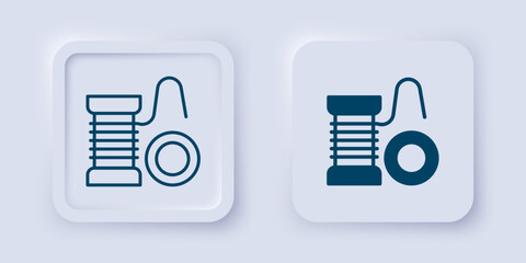 Filled and outline Spinning reel for fishing icon isolated on grey background. Fishing coil. Fishing tackle. Square button. Vector