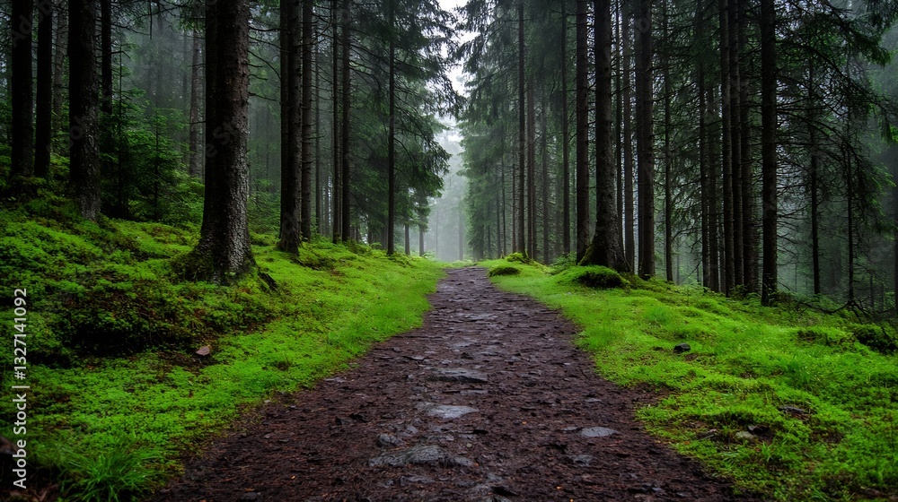 Poster a serene forest pathway surrounded by lush greenery and towering trees on a misty morning : generati
