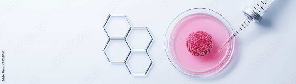 Poster modern lab setup with pink liquid and molecular structure representation.