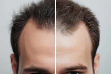 A before-and-after comparison of a man’s scalp, showing hair restoration results with copy space. Soft professional lighting. Modern clinic background. 