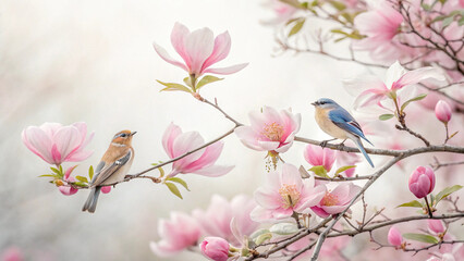 Obraz premium Spring birds and pink magnolia flowers illustration, hand painted nature design Watercolor floral cute songbird isolate.