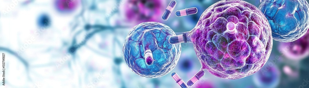 Poster microscopic view of colorful cells and biological structures.