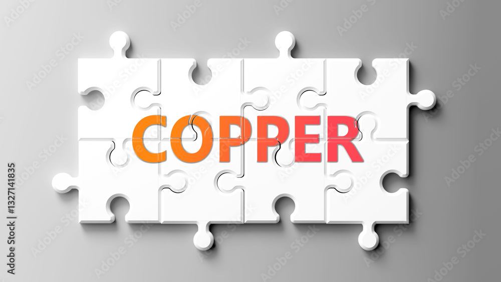Poster Copper complex like a puzzle - pictured as word copper on a puzzle pieces to show that copper is complex and needs cooperating pieces that fit together. ,3d illustration