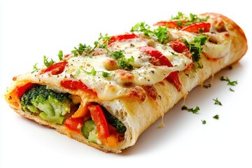 Delicious Vegan Pizza Roll with Fresh Vegetables Tomatoes Broccoli and Melted Mozzarella Cheese on White Clean Background