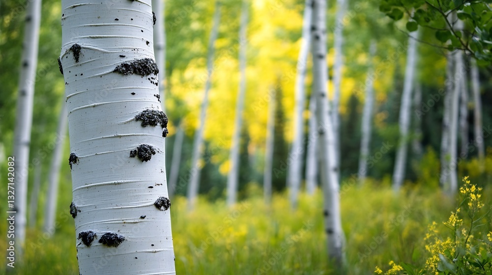 Aufkleber serene aspects of nature featuring beautiful white birch trees in lush green forest setting : genera
