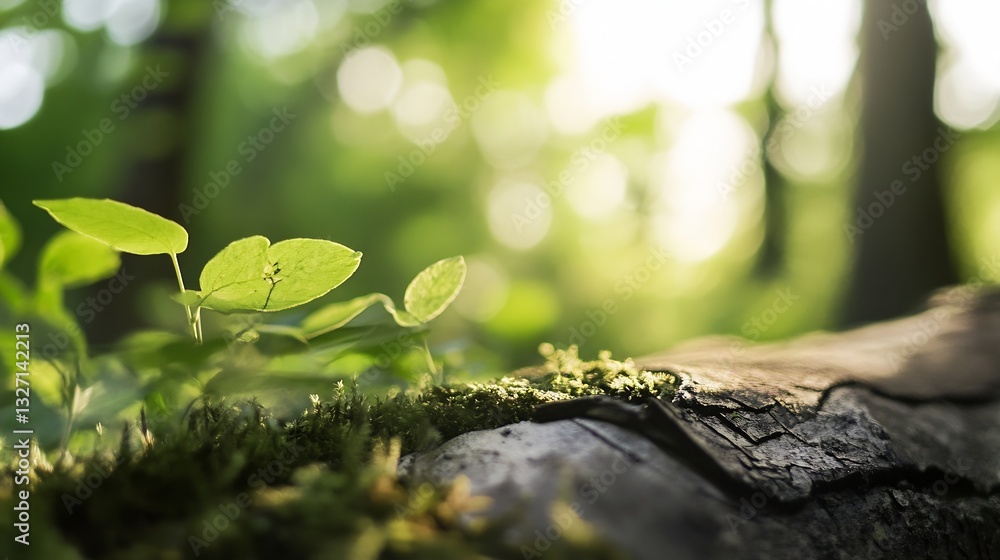 Aufkleber green leaves on a wooden log in a sunlit forest creating a peaceful setting : generative ai