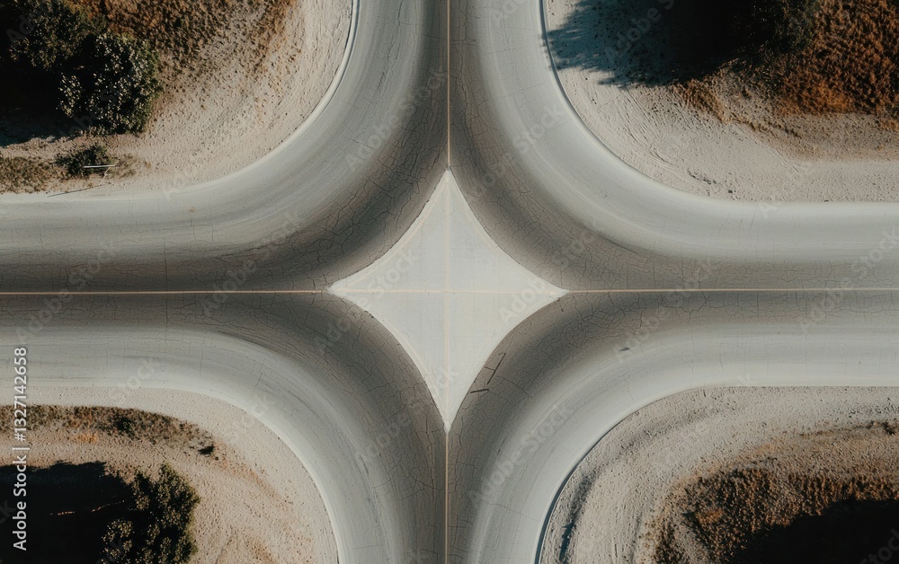 Poster aerial view of a four way intersection, showcasing roads curving into a central point. neutral color