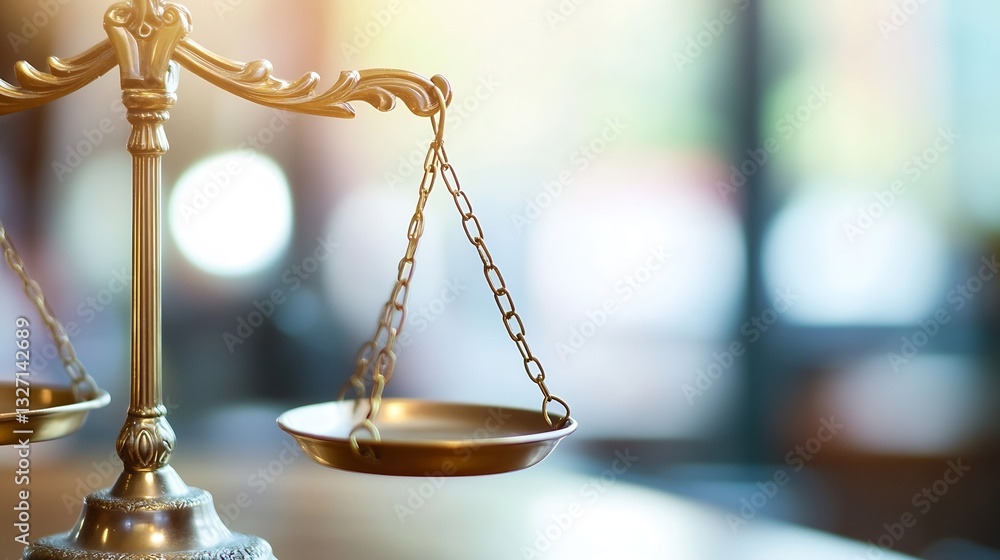 Poster close up view of a classic golden scale symbolizing justice in a soft focus background : generative 