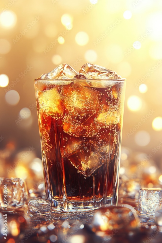 Poster a glass filled with soda and ice cubes sitting on a table