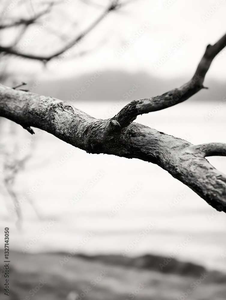 Poster raw and rustic closeup of a weathered tree branch against a serene water background in muted tones :