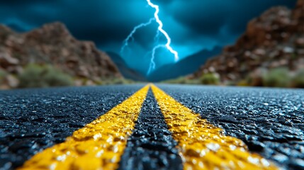 Wet Road Under Stormy Sky With Lightning