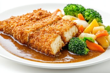 Delicious Chicken Katsu on White Plate with Curry Sauce and Fresh Vegetables Japanese Cuisine