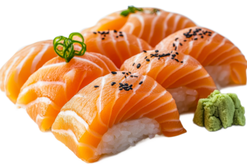 Delicious salmon sushi with wasabi and green onion topping