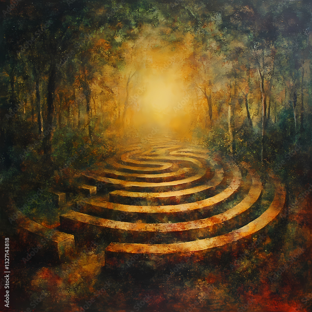 Poster mysterious labyrinth pathway illuminated by soft golden light generative ai