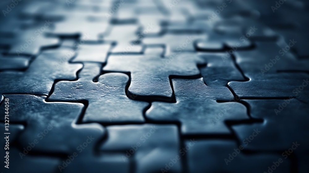 Poster close up view of dark jigsaw puzzle pieces interlocked with dramatic lighting and shadows : generati