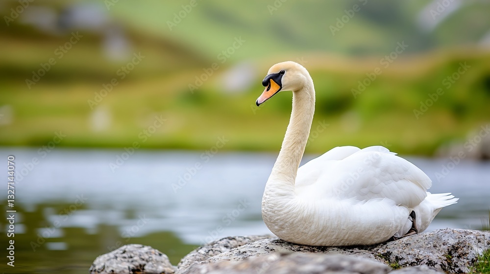 Poster elegant swan peacefully resting by the waterside on a sunny day surrounded by lush greenery and refl