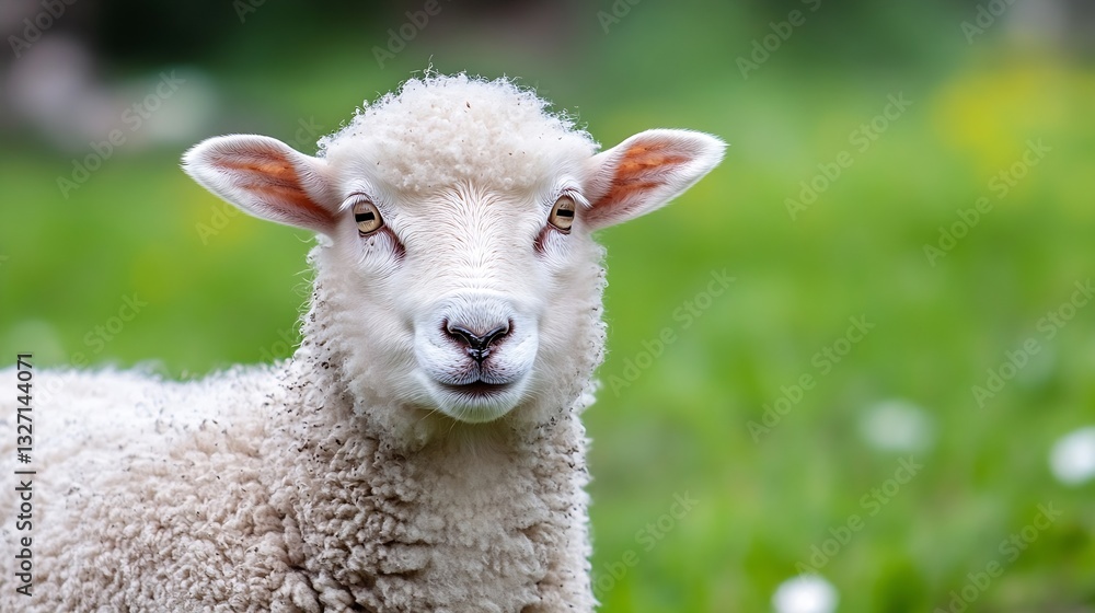 Poster cute fluffy sheep looking directly at the camera in a green grassy meadow : generative ai