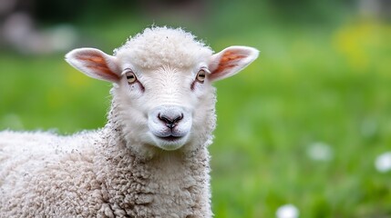 Obraz premium Cute fluffy sheep looking directly at the camera in a green grassy meadow : Generative AI