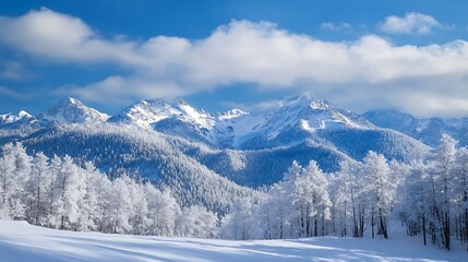 Obraz premium Frosted evergreens snow-covered mountain peaks serene winter landscape beauty