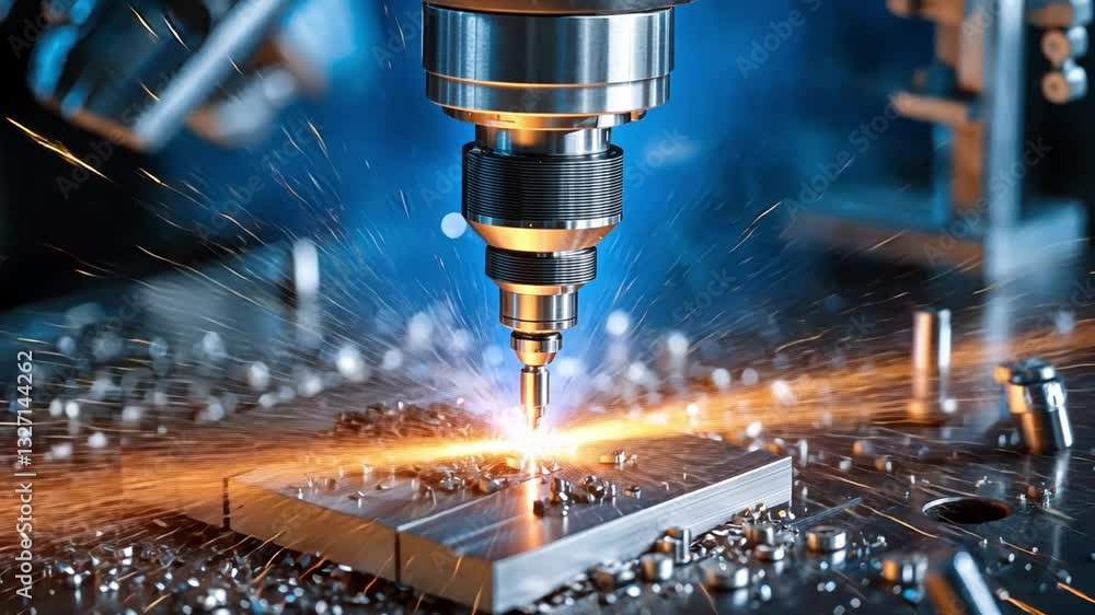 Aufkleber precision machining process with cnc tool cutting metal in modern workshop environment
