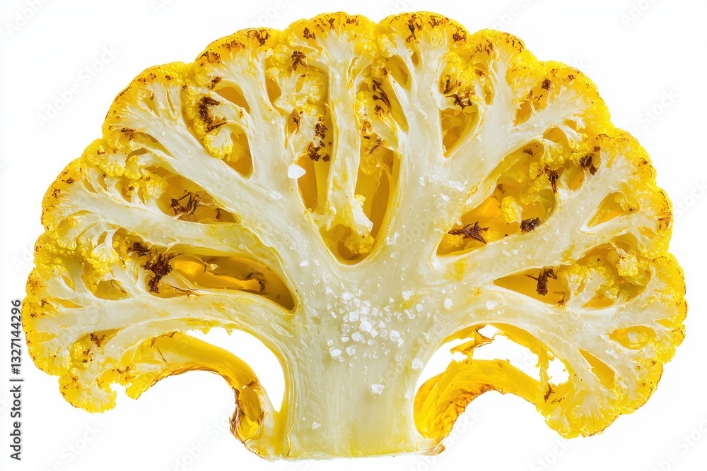 Poster close up view of yellow cauliflower showing its intricate fractal structure and salt crystals on bri