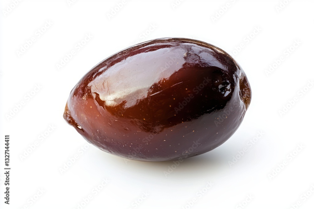Aufkleber single glossy black olive on white background capturing the light and shadows with soft focus and ap
