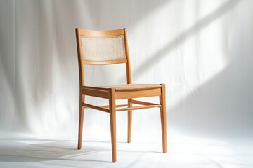 A classic wooden dining chair with woven seat and natural wood finish isolated on clean white backdrop