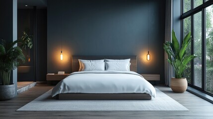A minimalist bedroom featuring clean white bedding against a soft gray wall, smart lighting, and voice-activated dimmers.