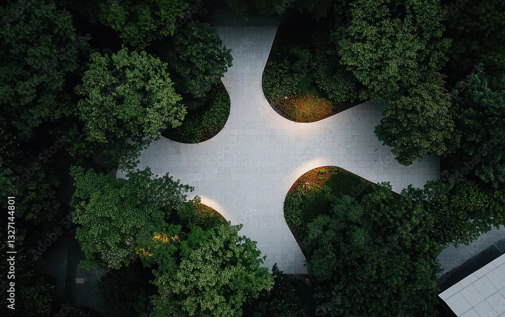 Poster aerial view of a unique cross-shaped pathway in a lush green garden. sunlight filters through the de