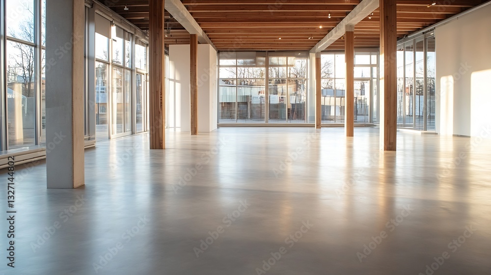 Aufkleber Bright and open interior space with wooden beams and sunlight streaming through windows : Generative AI